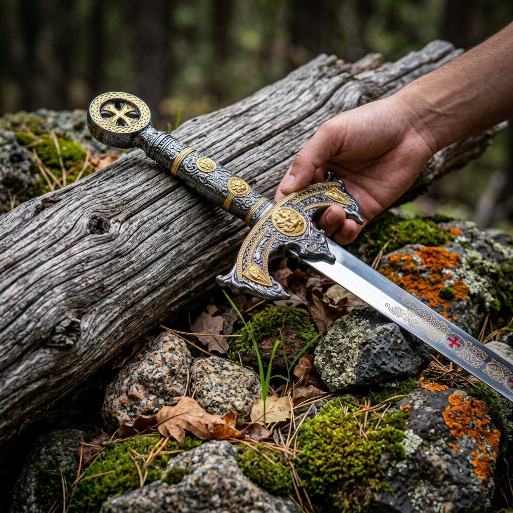 Hand holding sword hilt with engraved blade on log