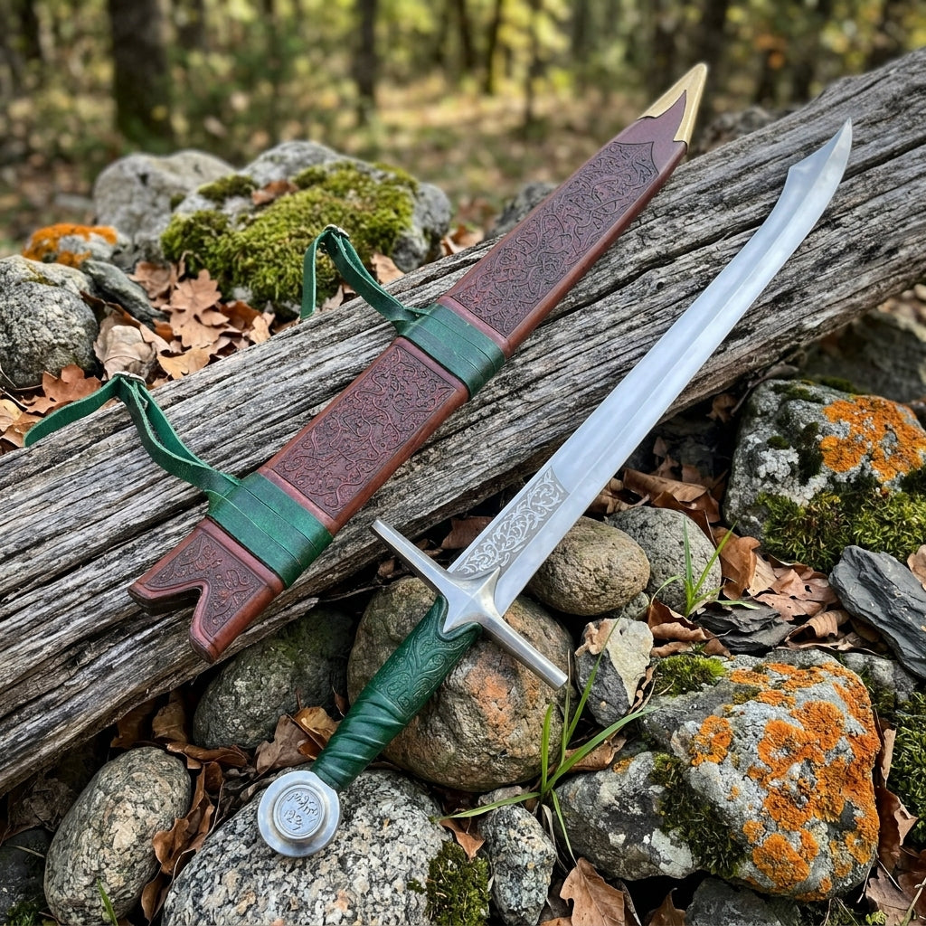 Handmade stainless steel falchion sword with wrapped handle and ornamental scabbard displayed on woodland log