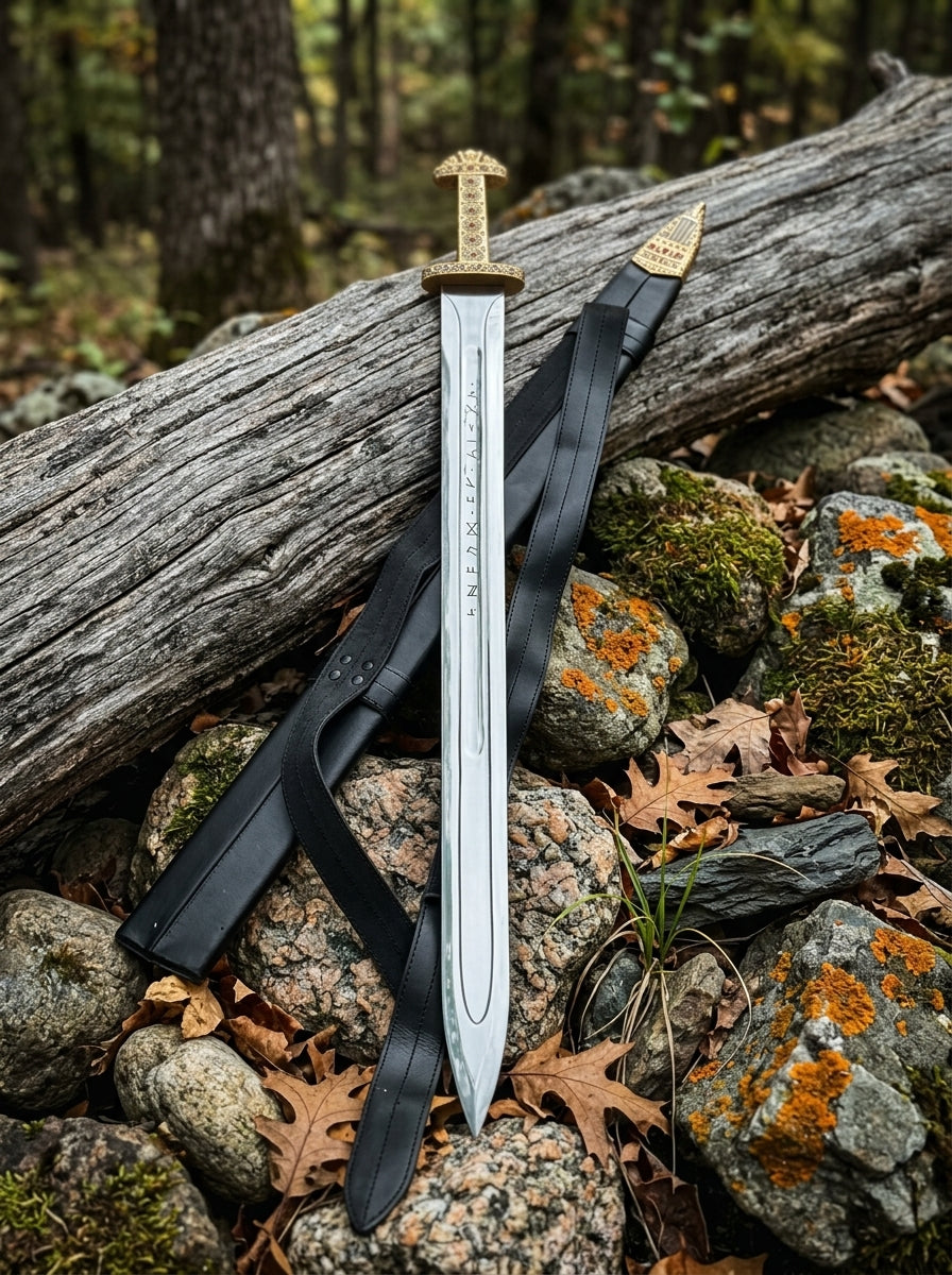 Viking sword with rune engraved hilt details