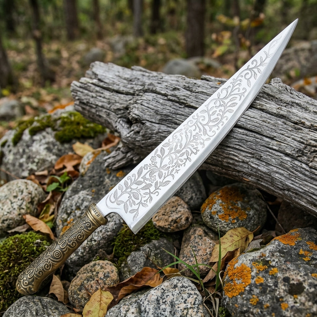 Damascus chef knife embossed handle detail