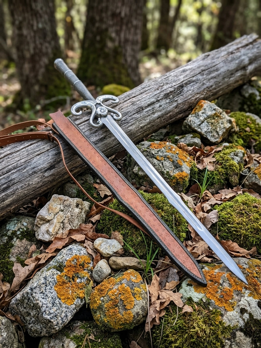 High carbon steel medieval sword with cast metal handle and leather scabbard displayed on woodland rocks