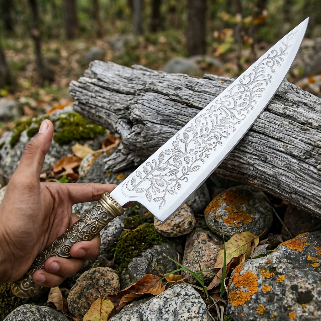 Floral Damascus chef knife on plain background