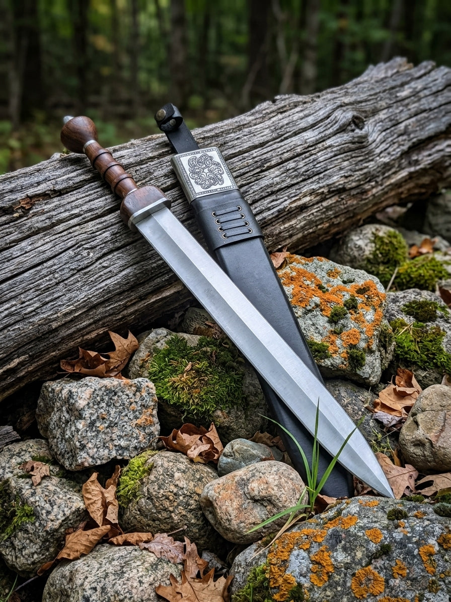 Roman gladius sword with polished stainless steel blade and rounded pommel