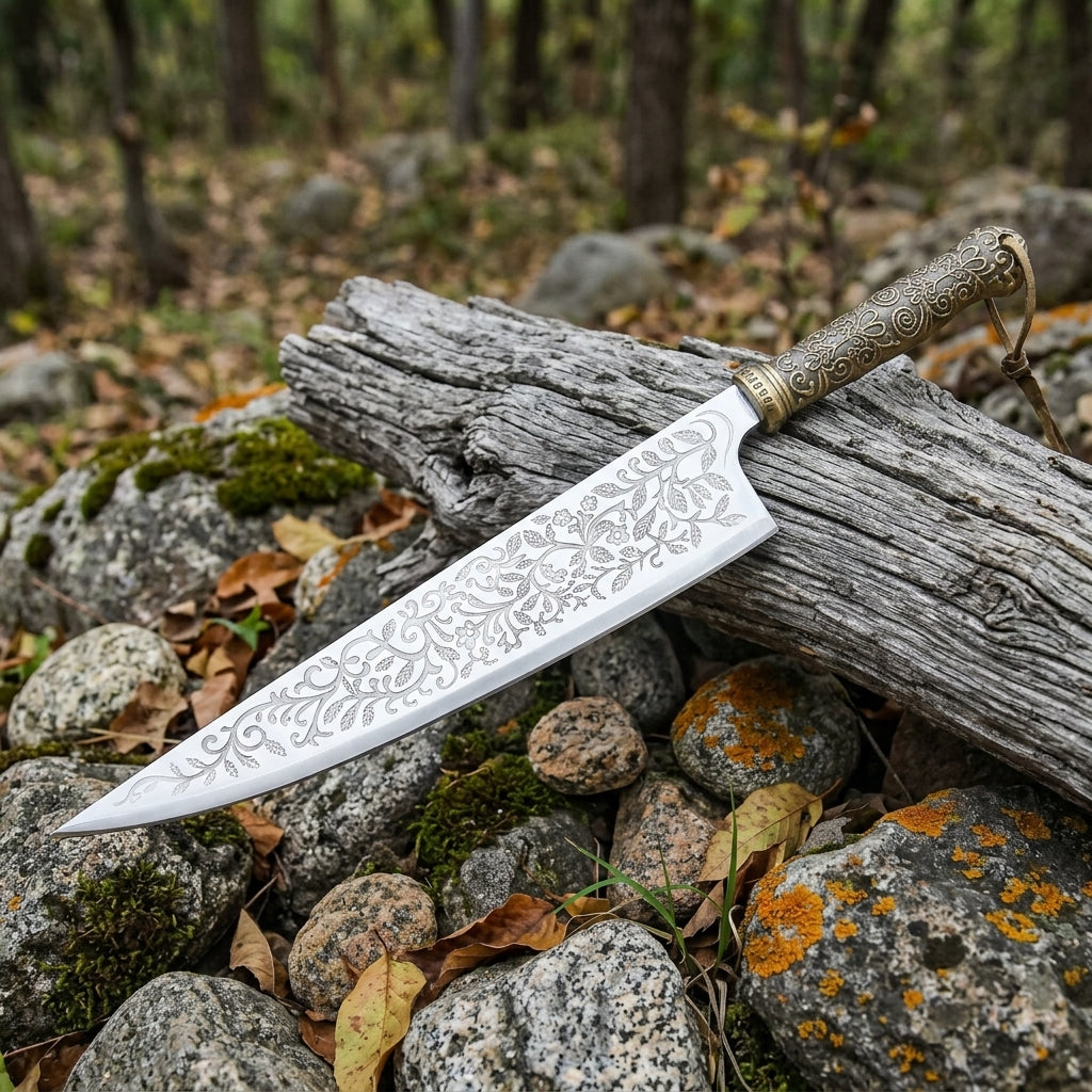 Damascus chef knife floral blade design closeup