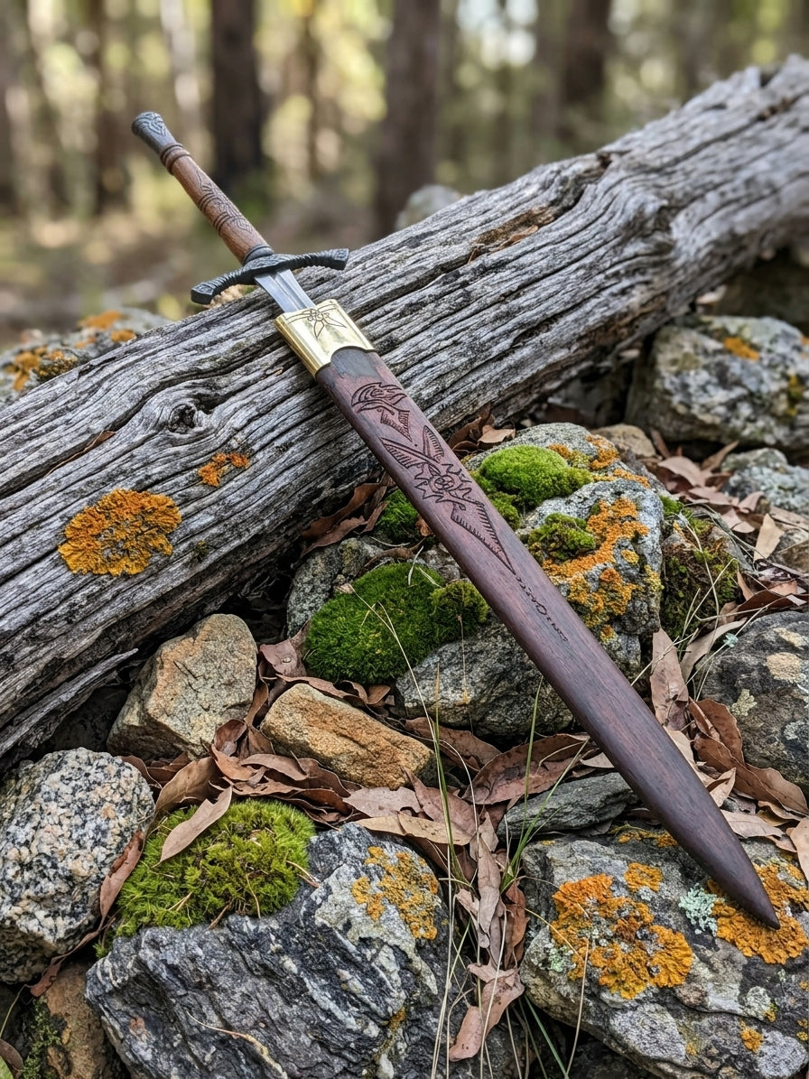 Textured crossguard on high carbon steel medieval inspired sword