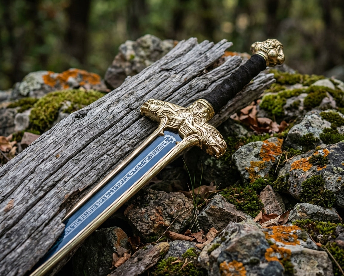 Engraved fantasy sword on plain background