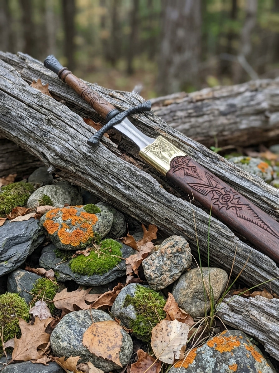 Decorative metal style pommel and carved hardwood sword handle