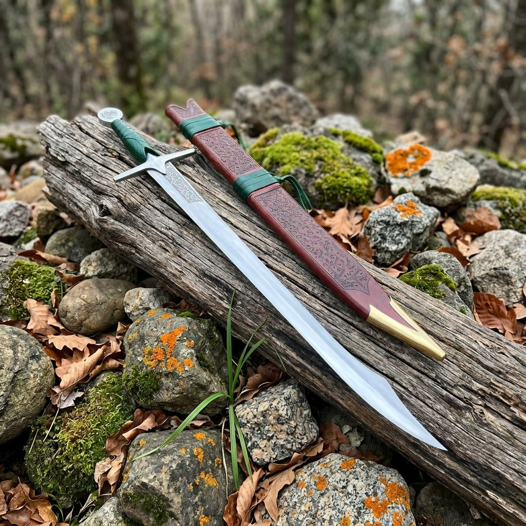 Closeup of engraved details on stainless steel falchion sword blade