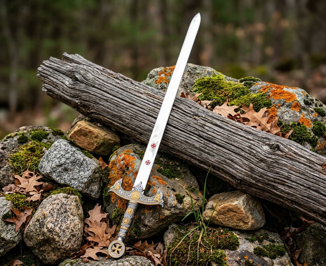 Close up of hand gripping sword hilt with engraved blade