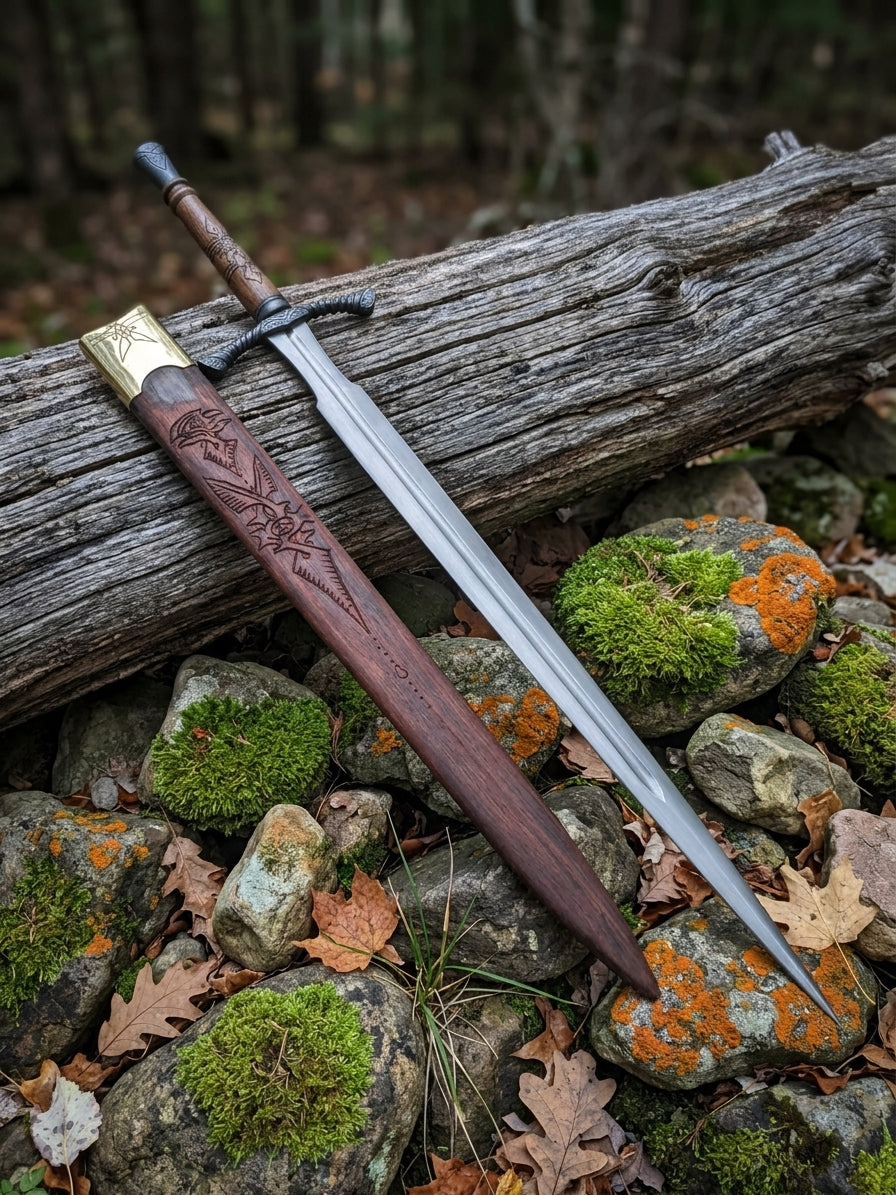 Engraved hardwood scabbard showing ornamental carved patterns