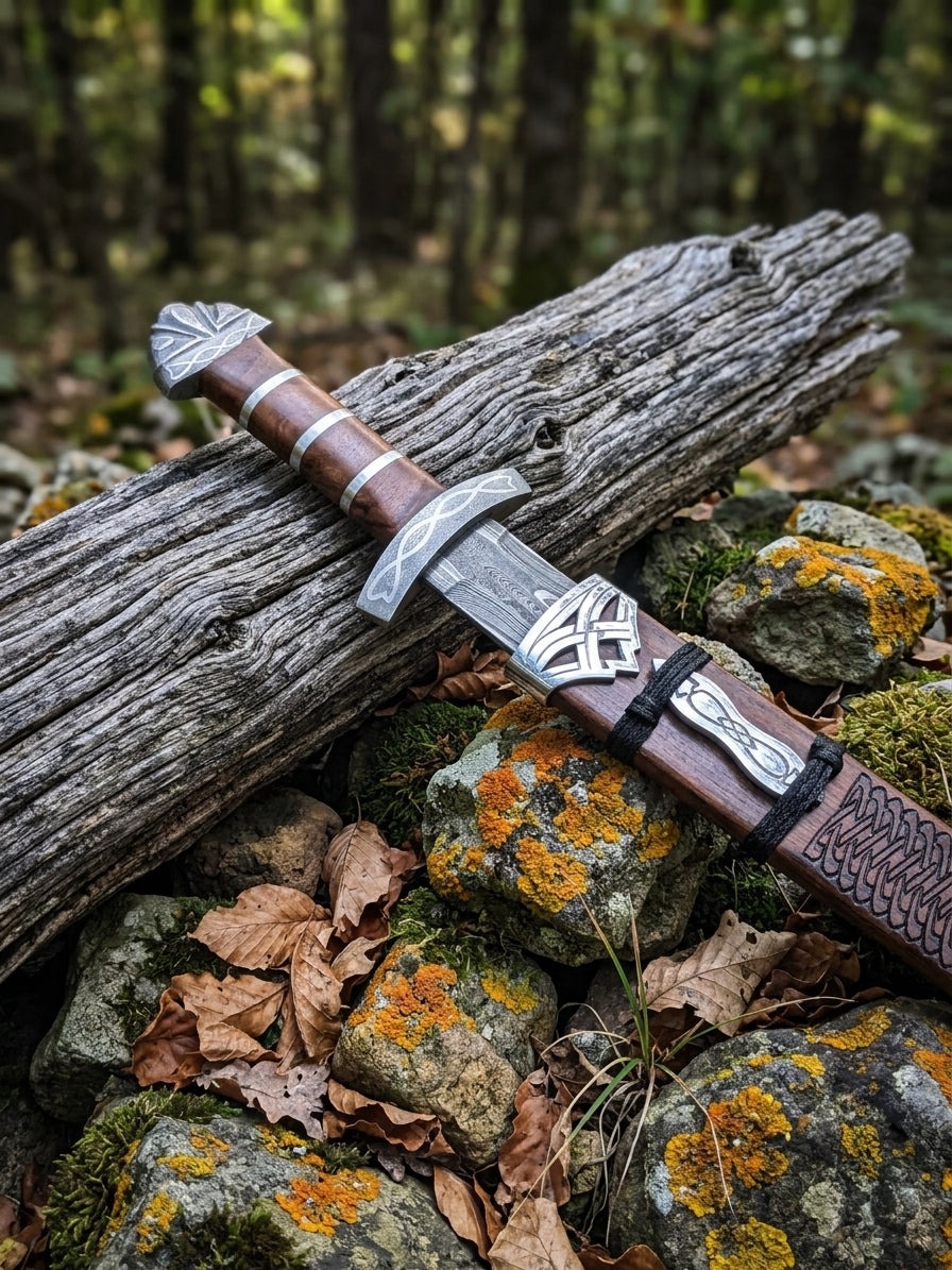 Ornamental sword pommel featuring intricate interlaced Norse inspired designs