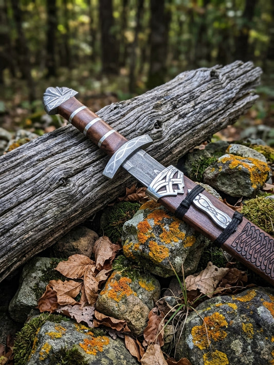 Ornamental sword pommel featuring intricate interlaced Norse inspired designs