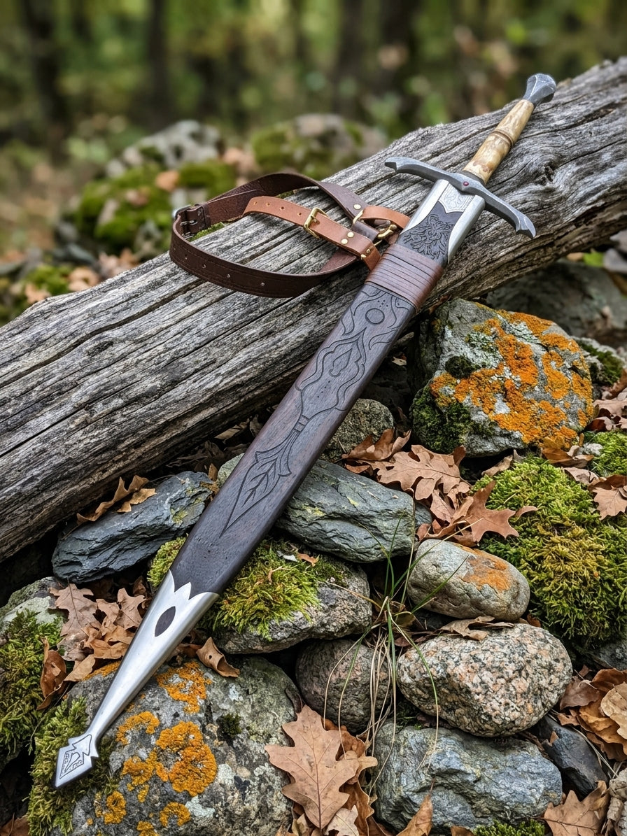 Detailed view of broad tapered Damascus steel medieval sword blade