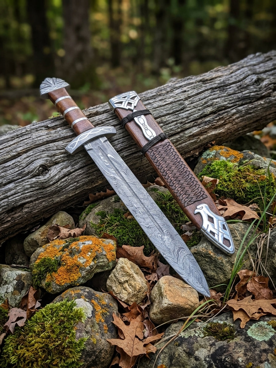 Damascus steel Viking inspired sword with hardwood handle, silver spacers and engraved hardwood scabbard displayed on woodland rocks