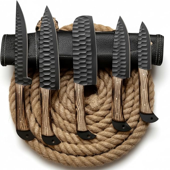 Black kitchen knife set of five with ashwood handles standing on a jute rope