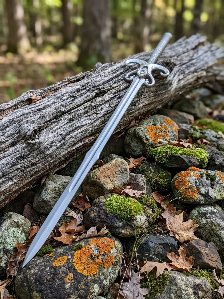 Closeup of leather scabbard carrying straps and stitching