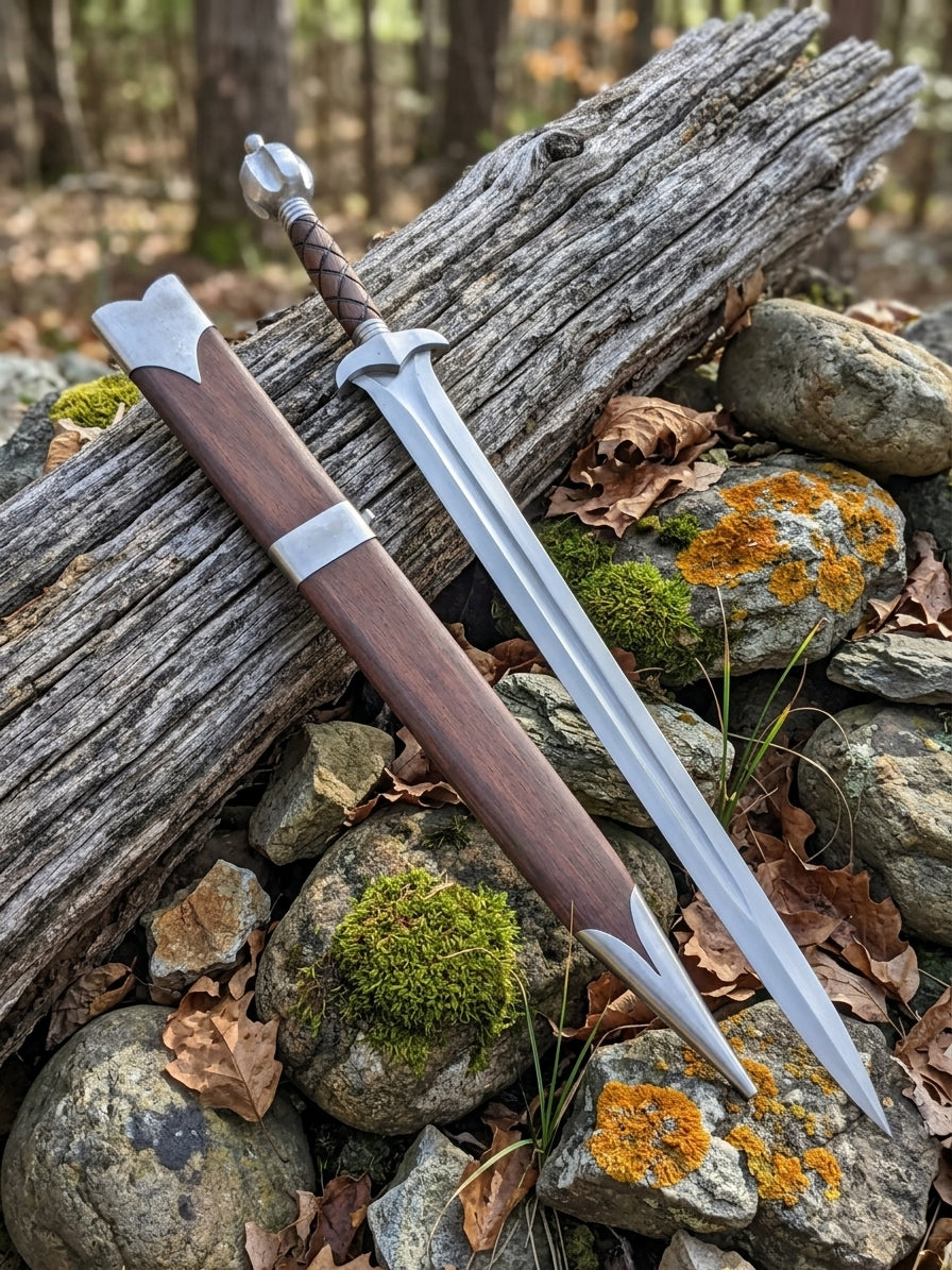 High carbon steel medieval sword with leather wrapped wood handle and hardwood scabbard displayed on woodland rocks