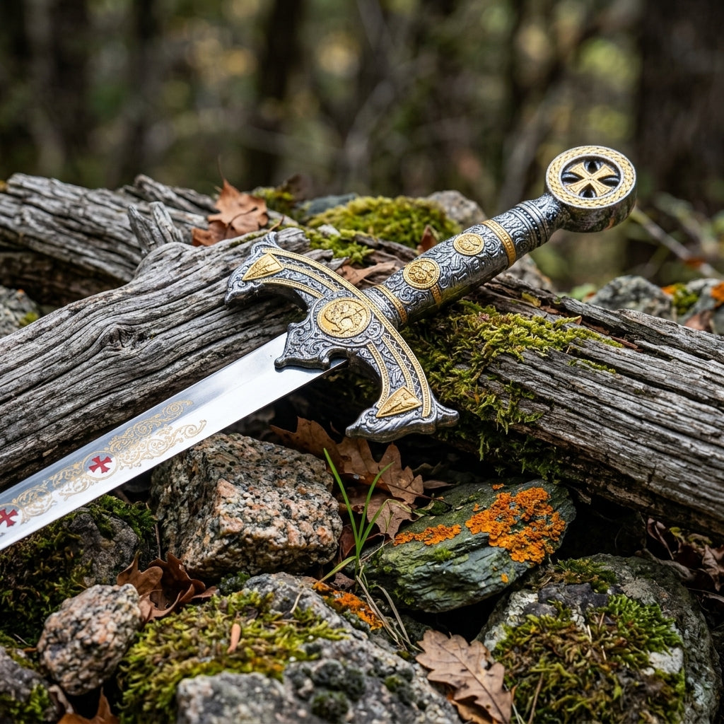 Close up of sword crossguard medallion and gold filigree