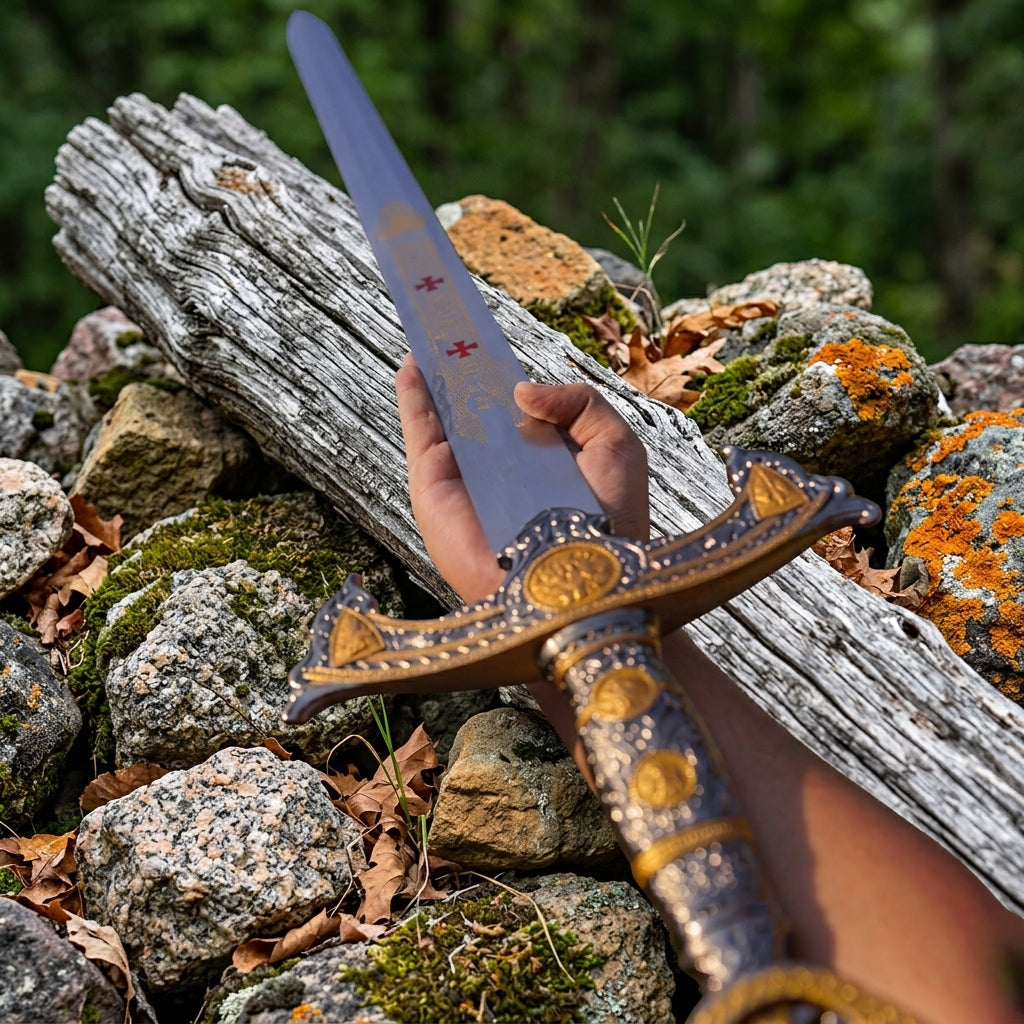 Hand holding sword with cross guard and red cross marked blade