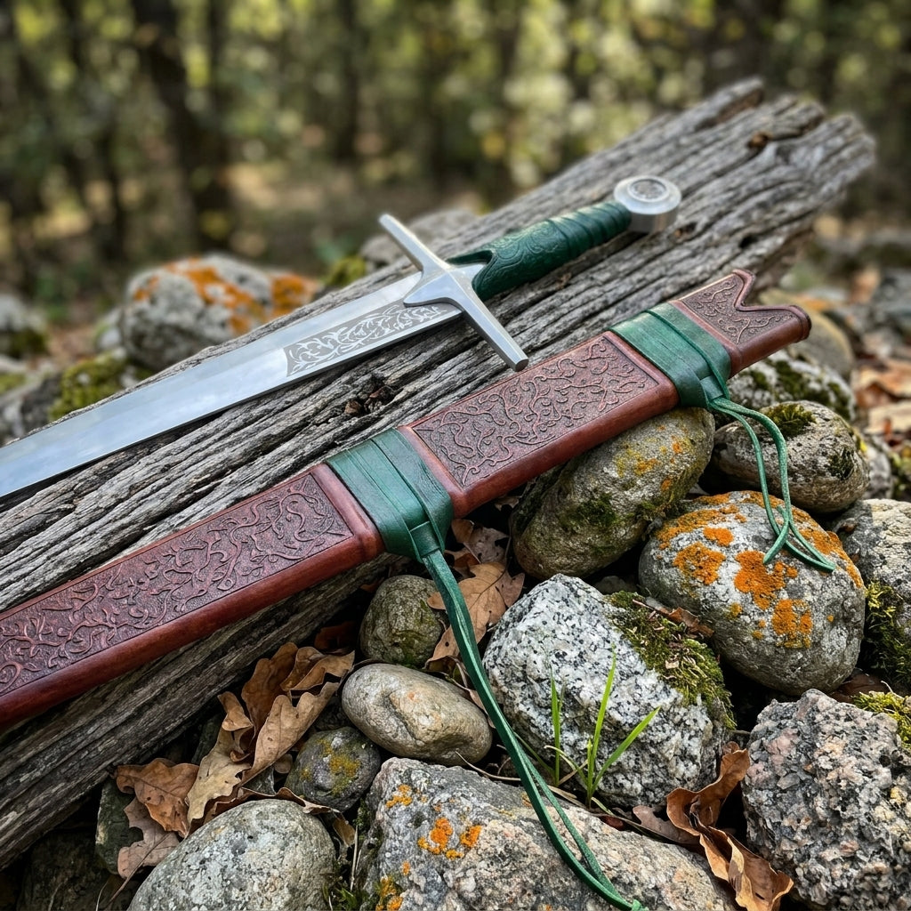 Straight crossguard and decorative blade engraving on falchion sword