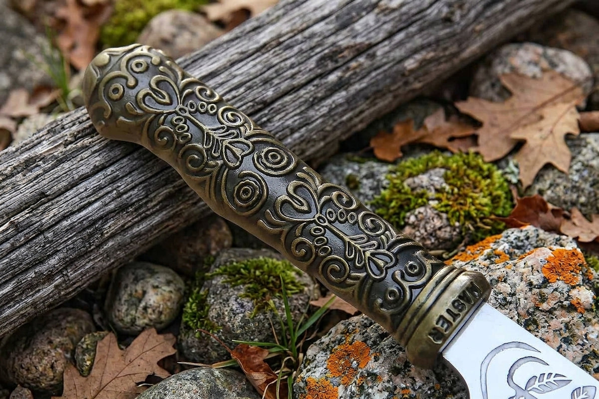 Damascus chef knife blade and handle view