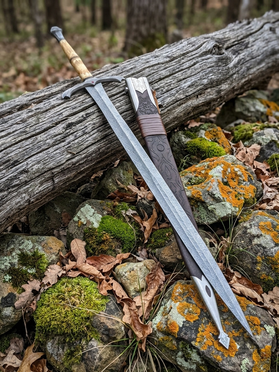 Damascus steel medieval sword with carved bone handle and engraved hardwood leather wrapped scabbard displayed on woodland rocks