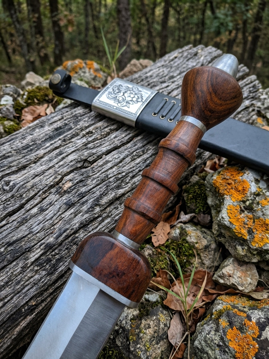 Segmented wood style handle and rounded pommel on Roman gladius sword