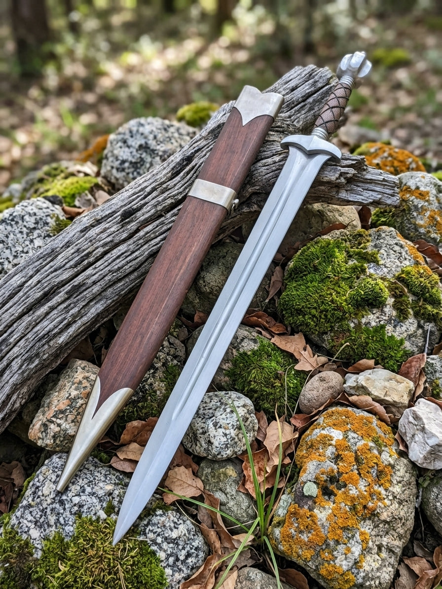 Wood sword handle with diagonal leather wrapping and decorative pommel