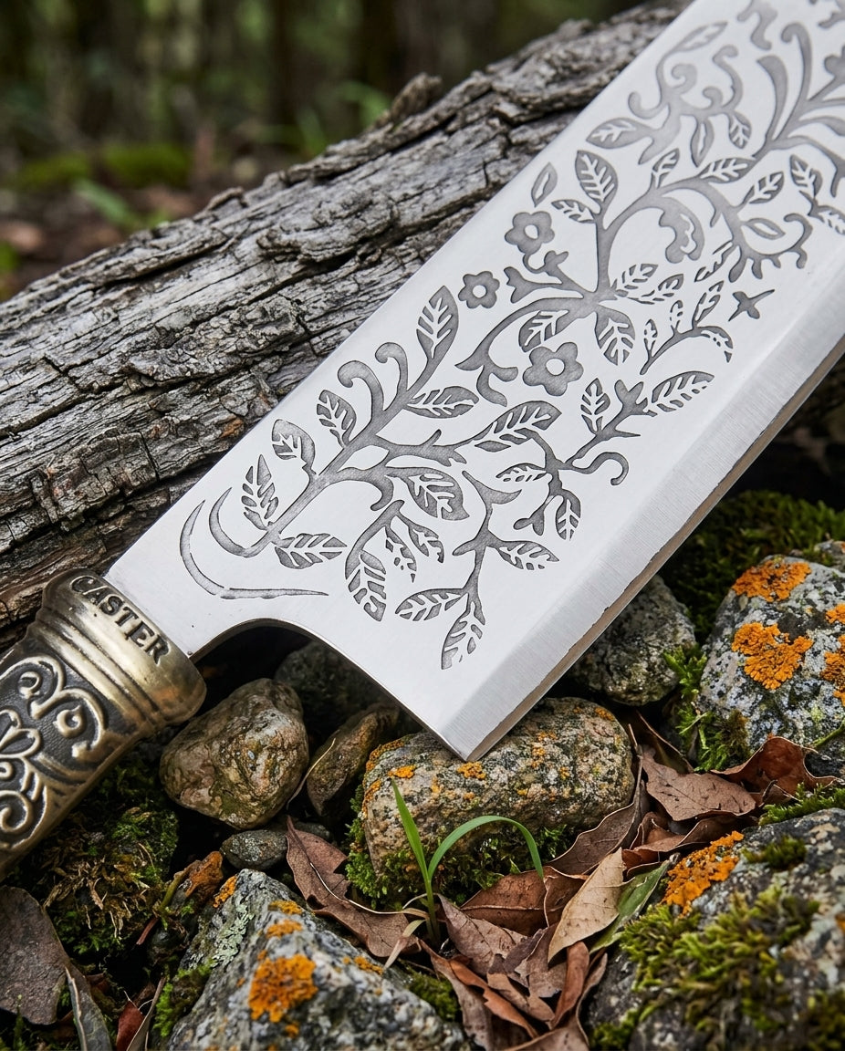 Damascus kitchen knife floral etching detail