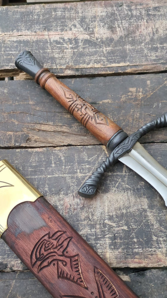 Medieval Cosplay Sword Prop, Engraved Wooden Handle, Leather Scabbard, Knight Costume Accessory