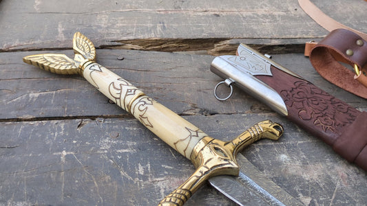 Premium 42" Damascus Steel Longsword with Sculpted Bone Handle, Brass Dragon Hilt & Carved Ash Wood Scabbard
