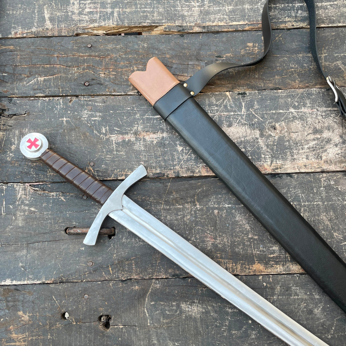 40" Medieval Knights Templar Cross Sword – Carbon Steel Cosplay & Fantasy Prop with Leather Scabbard & Belt