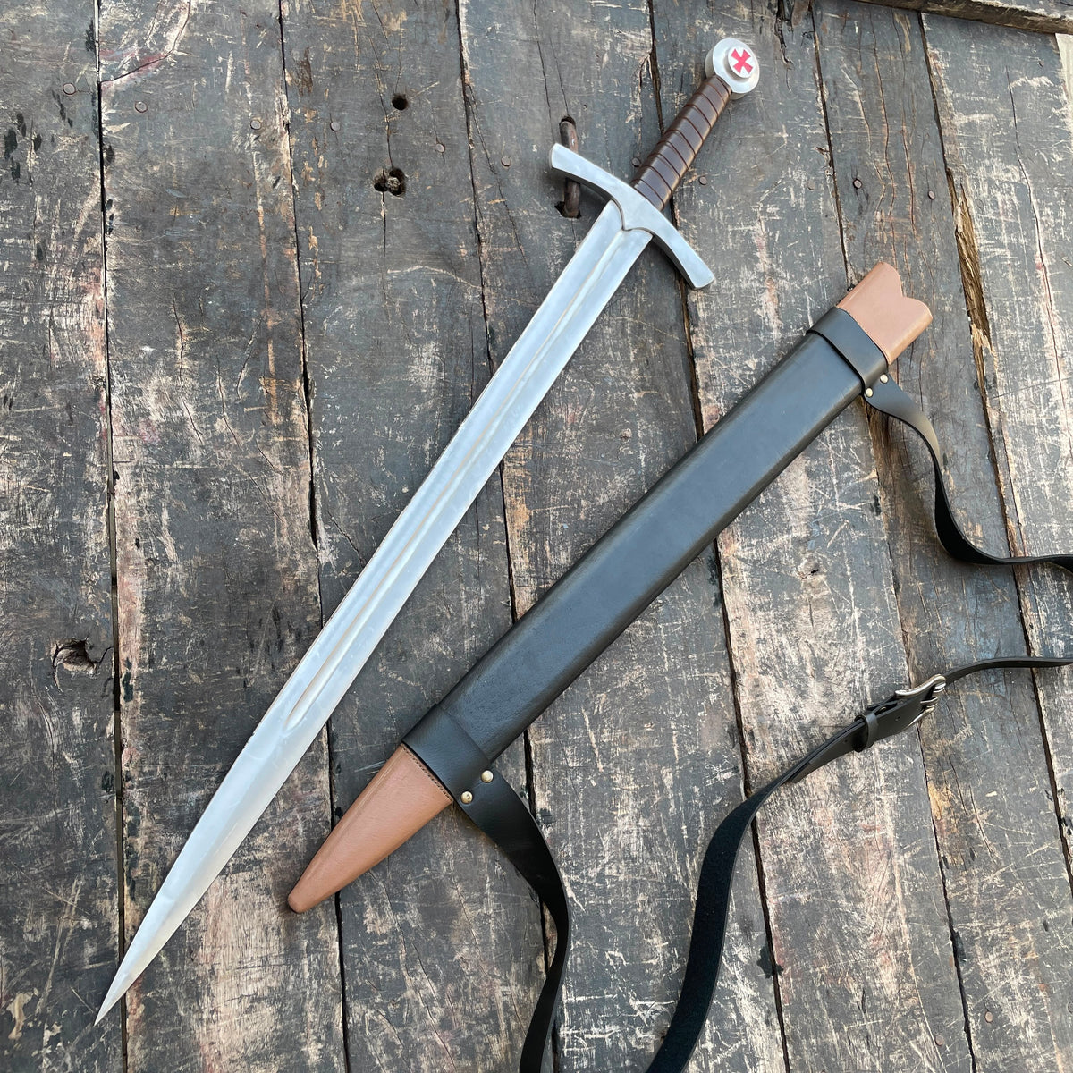 40" Medieval Knights Templar Cross Sword – Carbon Steel Cosplay & Fantasy Prop with Leather Scabbard & Belt
