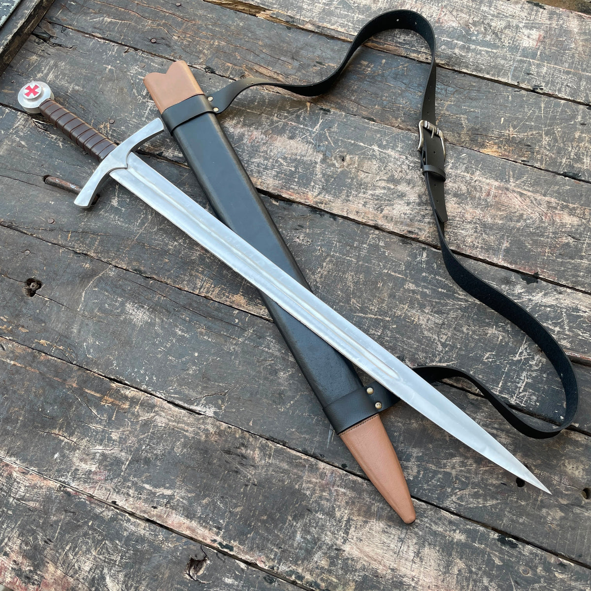 40" Medieval Knights Templar Cross Sword – Carbon Steel Cosplay & Fantasy Prop with Leather Scabbard & Belt