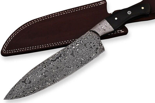 Premium Hand Forged Damascus Steel Kitchen Chef Knife with Leather Sheaths, Raindrop Damascus