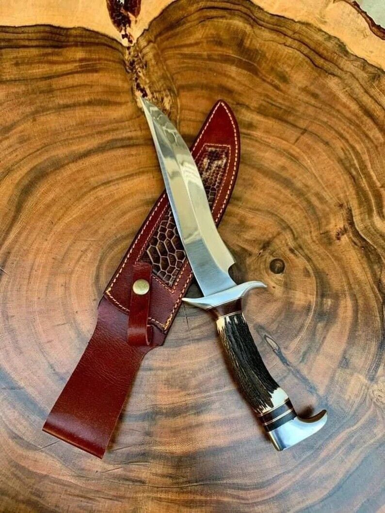 Samiblades Crown Stag Bowie Knife – Full Tang Hunting Blade with Stag Handle and Sheath – Custom Collectible Fixed Blade Knife