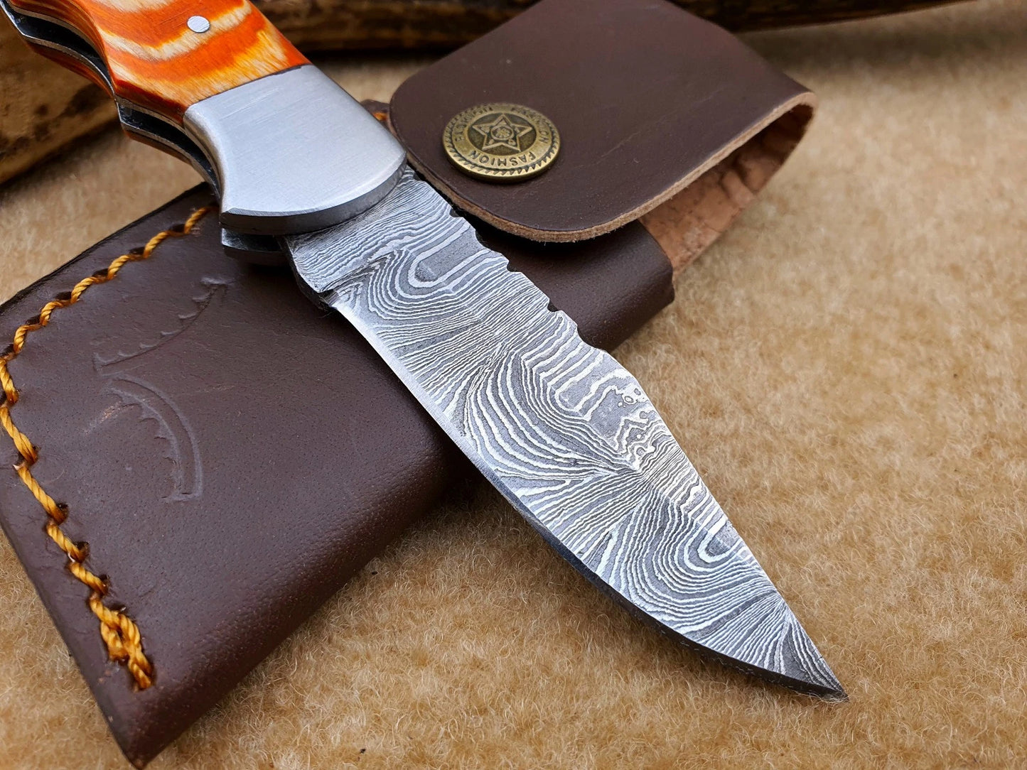 CUSTOM Handmade Damascus Pocket Knife, Folding Knife with sheath