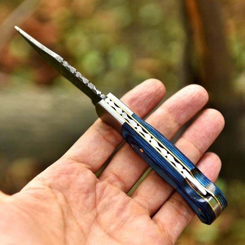 Handmade Damascus Steel Folding Pocket Knife | Blue Dollar Sheet Handle with Leather Sheath