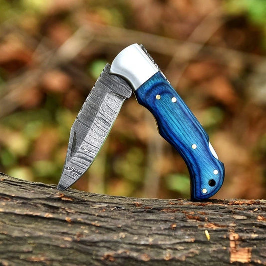 Handmade Damascus Steel Folding Pocket Knife | Blue Dollar Sheet Handle with Leather Sheath