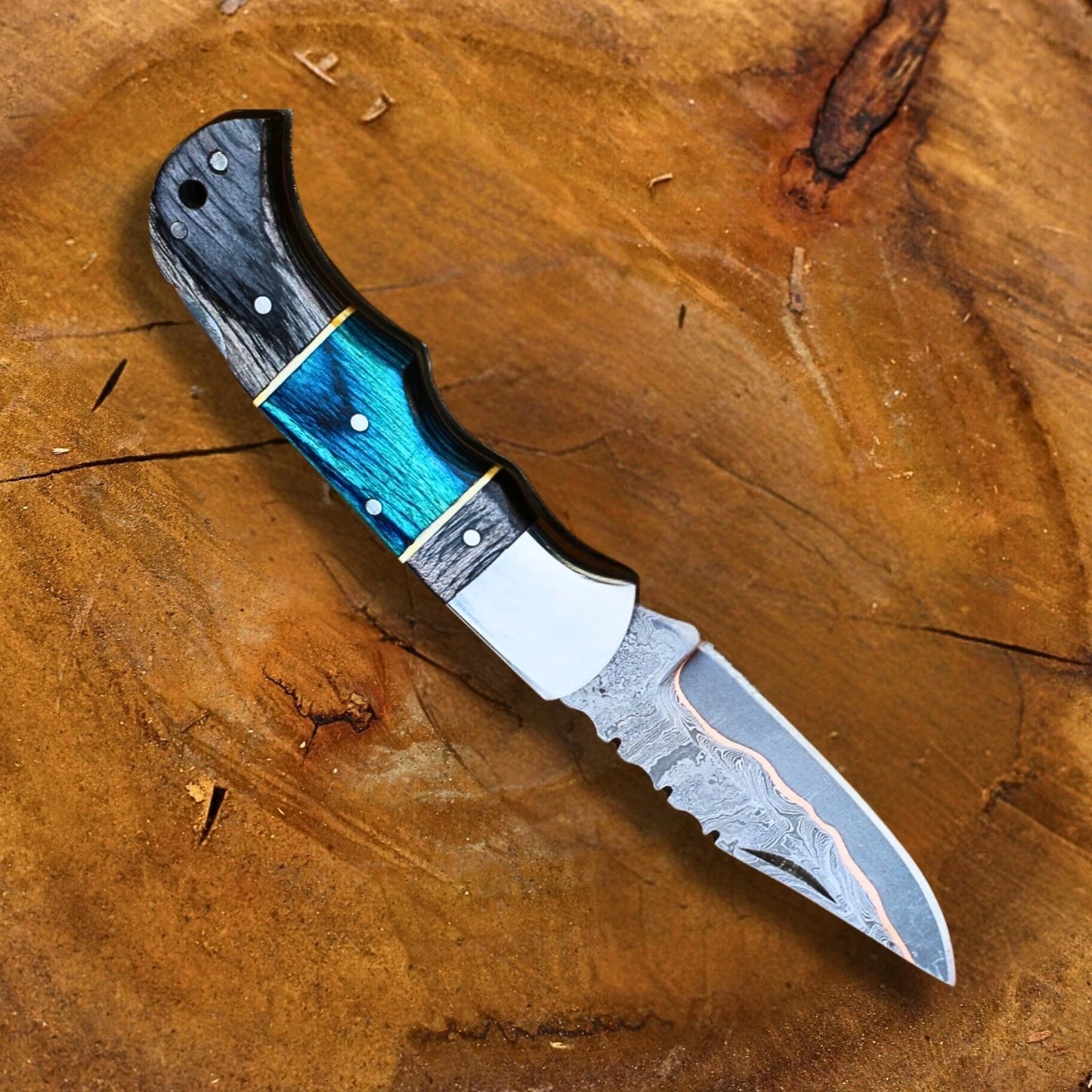 Handmade Copper Damascus Folding Knife, Pakka Wood Handle EDC Pocket Knife