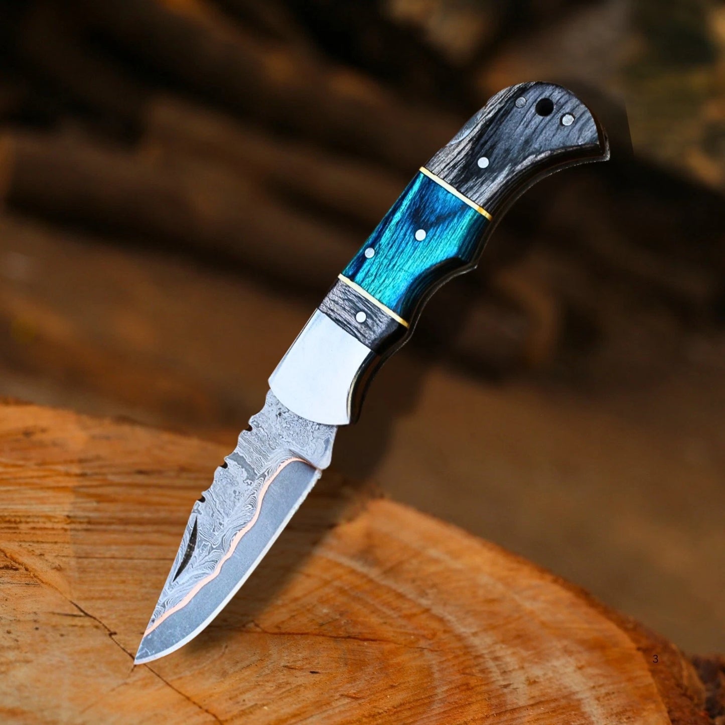 Handmade Copper Damascus Folding Knife, Pakka Wood Handle EDC Pocket Knife