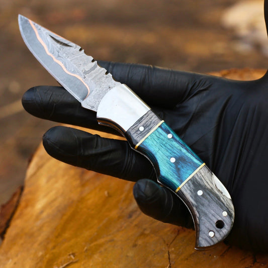 Handmade Copper Damascus Folding Knife, Pakka Wood Handle EDC Pocket Knife