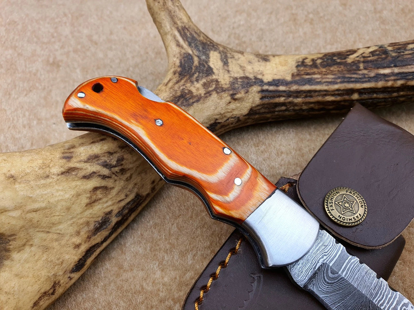 CUSTOM Handmade Damascus Pocket Knife, Folding Knife with sheath
