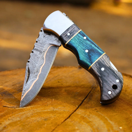 Handmade Copper Damascus Folding Knife, Pakka Wood Handle EDC Pocket Knife