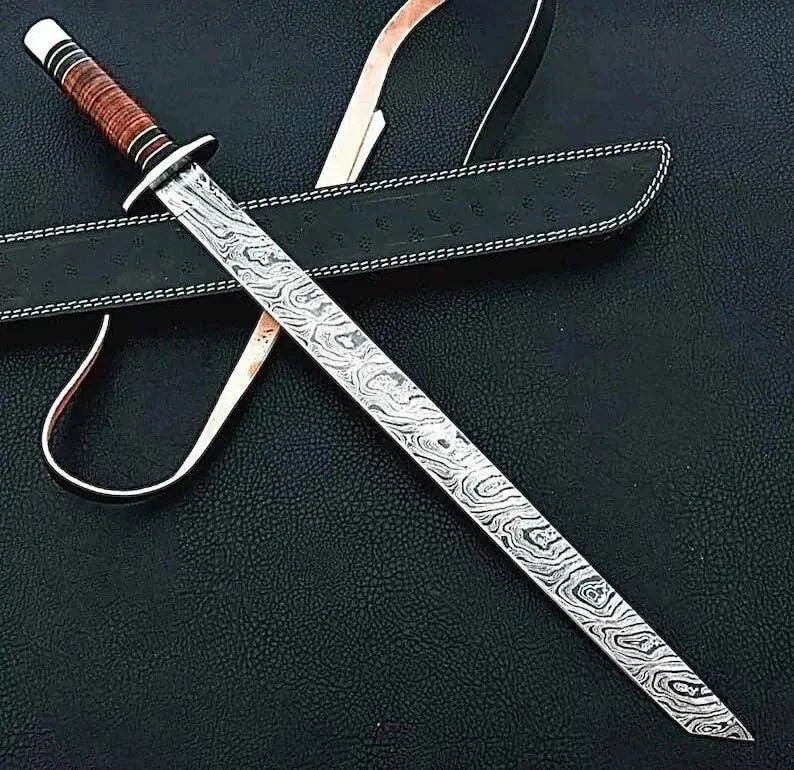 Handmade Damascus Steel Katana Sword, Warrior Blade Samurai Collectible with Leather Sheath