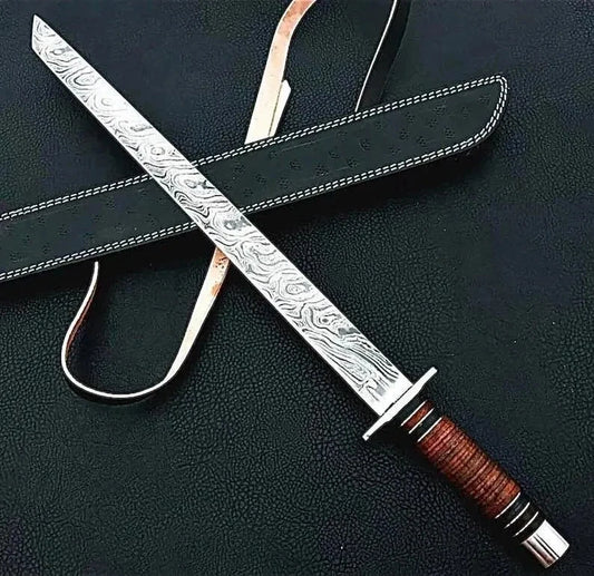 Handmade Damascus Steel Katana Sword, Warrior Blade Samurai Collectible with Leather Sheath