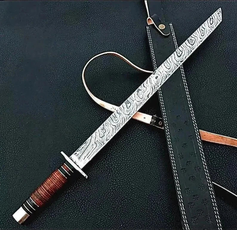 Handmade Damascus Steel Katana Sword, Warrior Blade Samurai Collectible with Leather Sheath