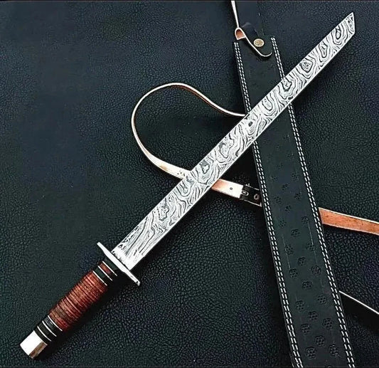 Handmade Damascus Steel Katana Sword, Warrior Blade Samurai Collectible with Leather Sheath