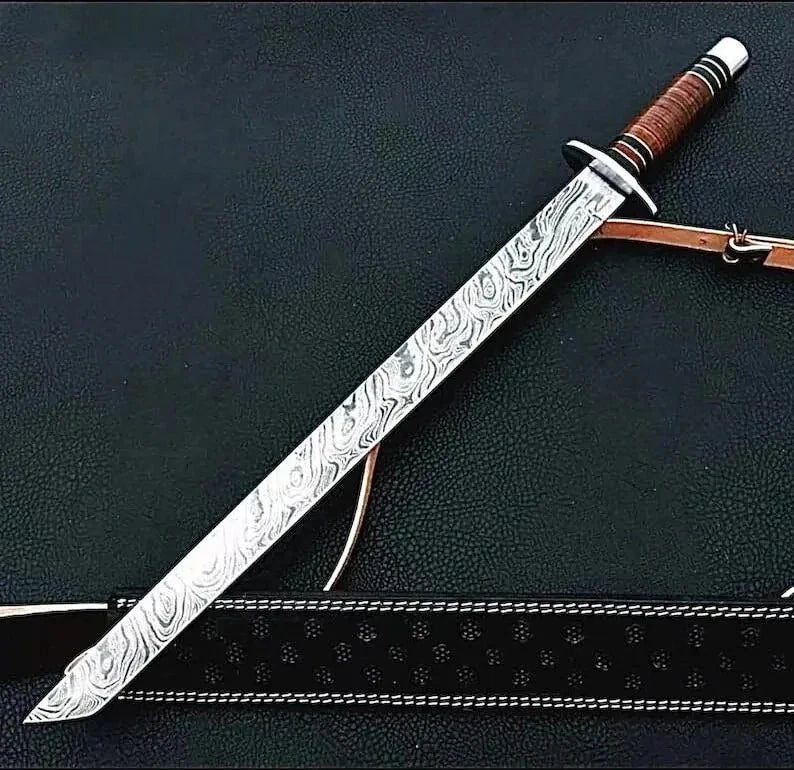 Handmade Damascus Steel Katana Sword, Warrior Blade Samurai Collectible with Leather Sheath