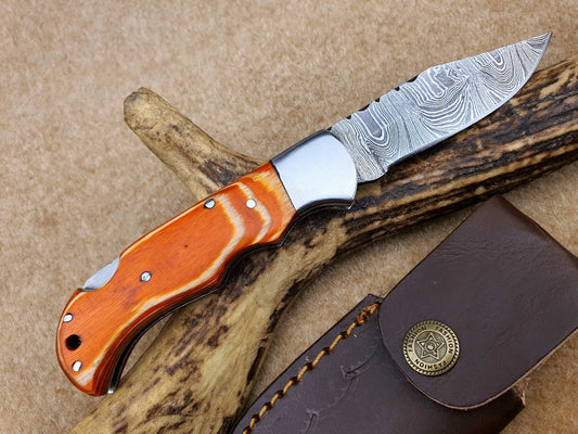 CUSTOM Handmade Damascus Pocket Knife, Folding Knife with sheath